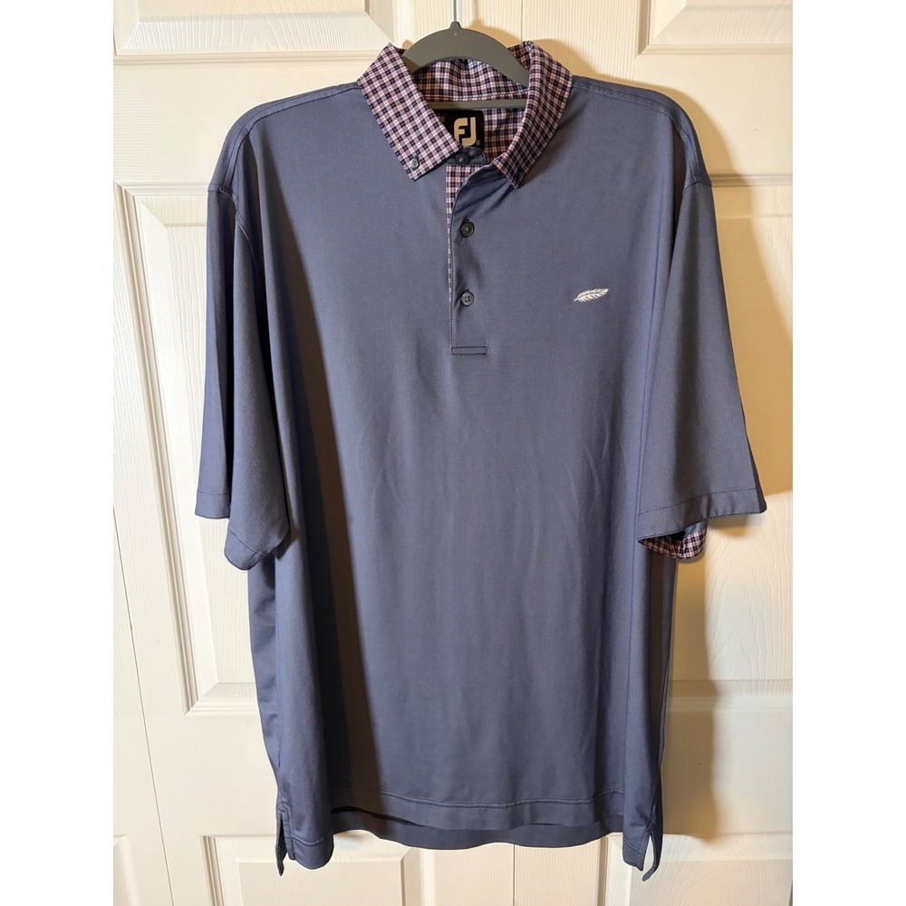 FootJoy Mens XL Performance Golf Polo Navy Blue Plaid Collar Short Sleeve Shirt
